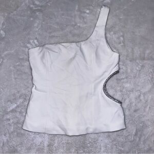 Zara White One Shoulder Silver Rhinestone Embellished Cutout Top Size Medium